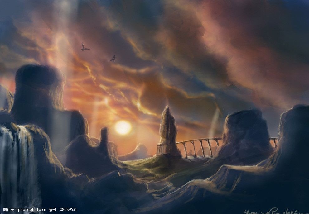 动漫风景 云雾 太阳 动漫场景 手绘 数字绘画 艺术 动漫壁纸 风景漫画