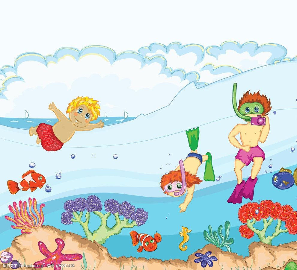 孩子 跳水 动画片 设计 插图 夏天 海 海洋生物 泳 动漫人物 动漫动画