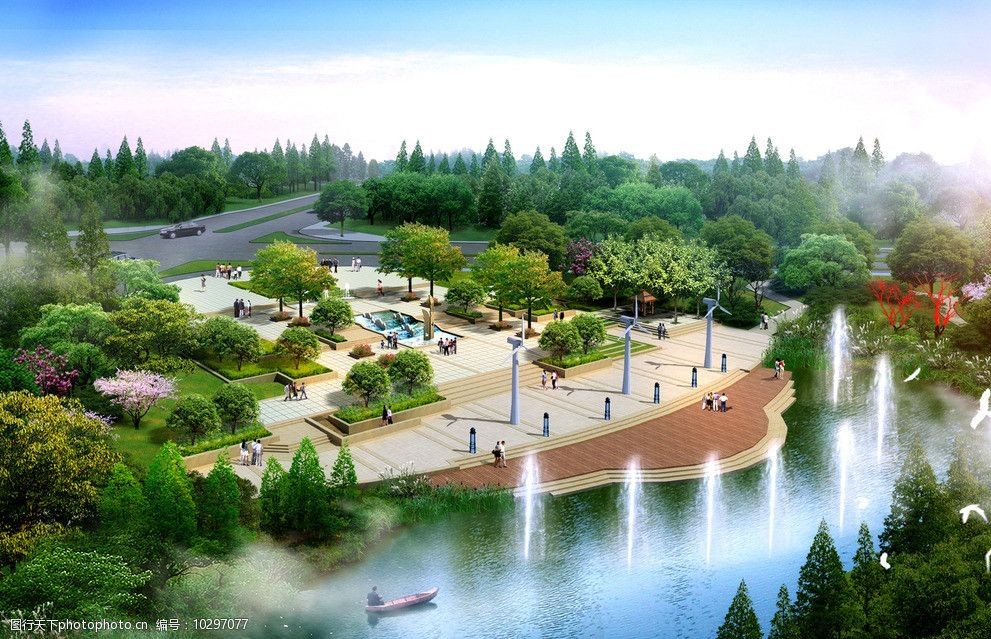 湖边休闲广场景观环境图片