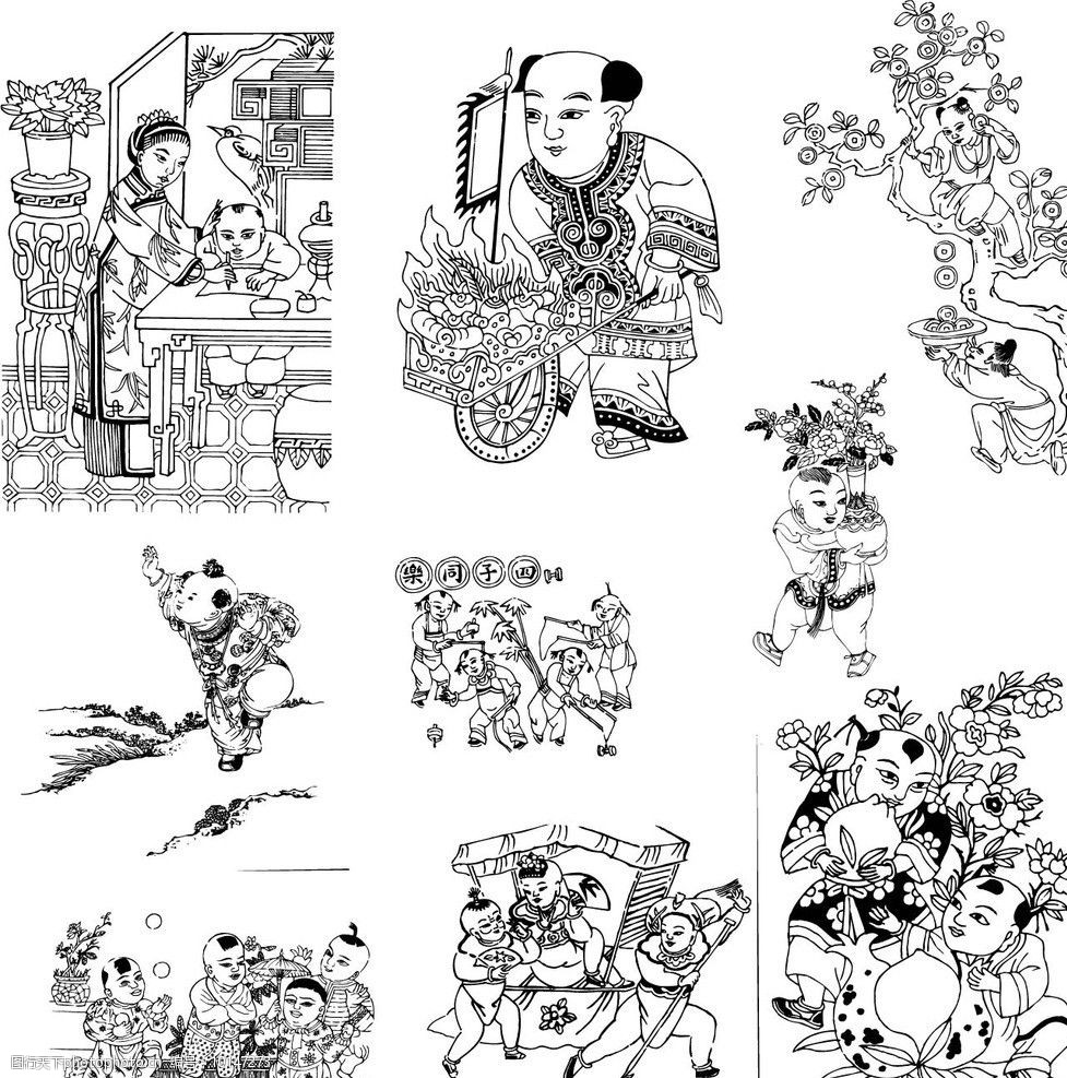 古代童子 白描图 童子 儿童 历史 古代 福娃 小孩 矢量 ai 传统文化