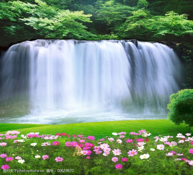 流水生财系列小版瀑布背景墙素材免费下载 花丛 绿色风景素材 山水 小