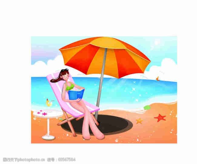 海边少女晒太阳卡通矢量图