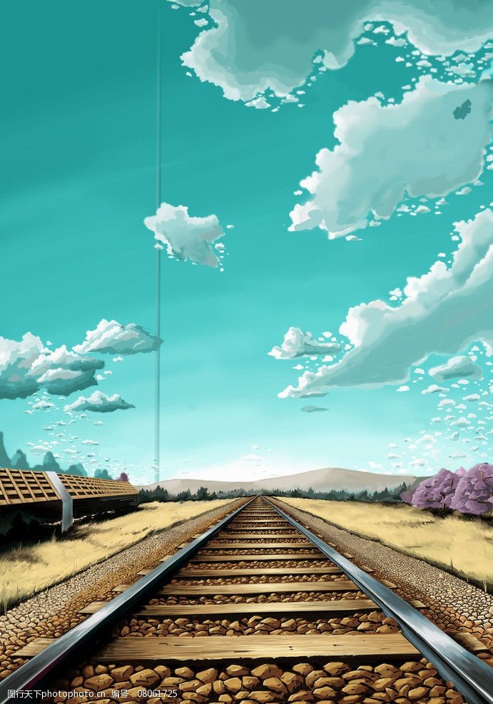 蓝天 铁路 漫画 手绘风景 风景 壁纸 设计素材 风景漫画 动漫动画