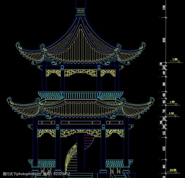 双层古式六角亭正立面图图片