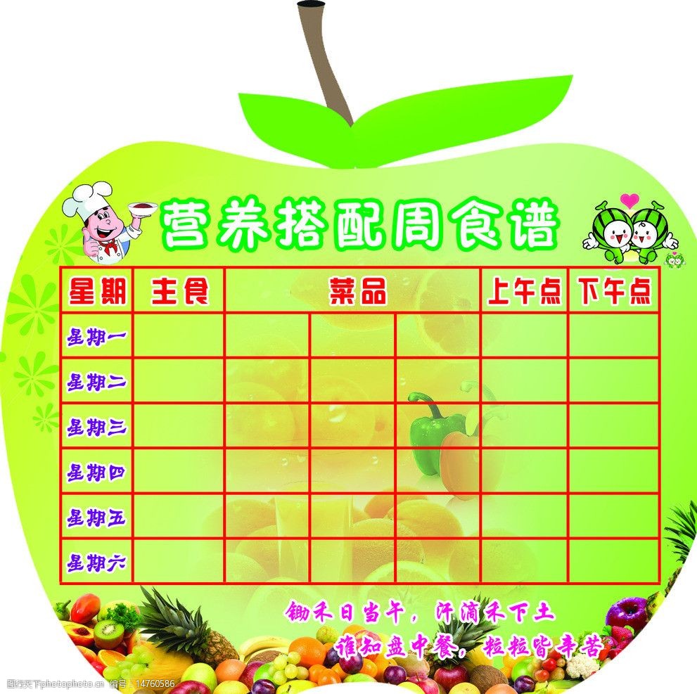 关键词:营养搭配食谱 幼儿园 苹果 绿色 水果 卡通 蔬菜 表格 psd分层
