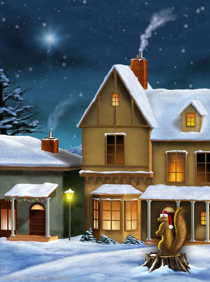 关键词:雪夜 房屋 冬天 大雪 烟囱 星光 动物 灯光 温暖 风景漫画