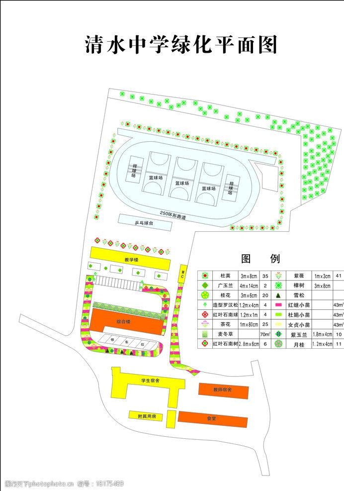 关键词:清水中学平面图 绿化平面图 樟树 桂花 茶花 广告设计 矢量