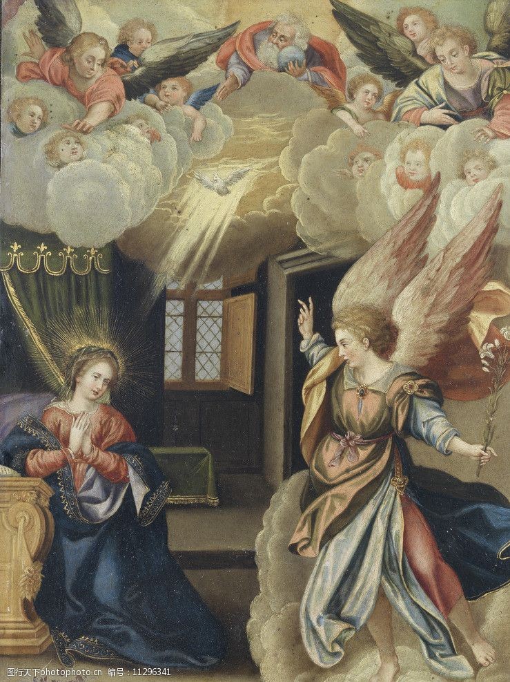 关键词:报喜 油画 圣母玛丽娅 天使 百合花 鸽子 宗教油画 古典油画