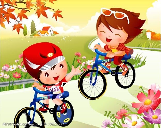 卡通儿童骑自行车