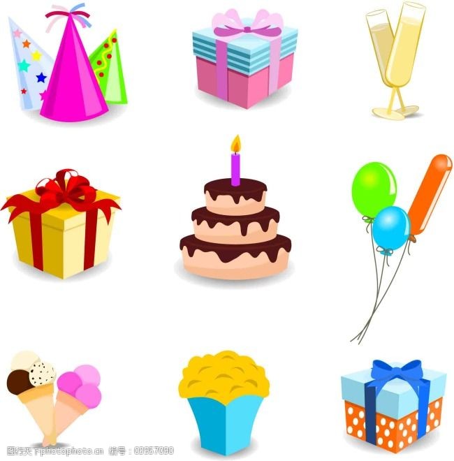 卡通生日快乐图标免费下载 ai 爆米花 冰淇淋 蛋糕 礼物盒 气球 矢量