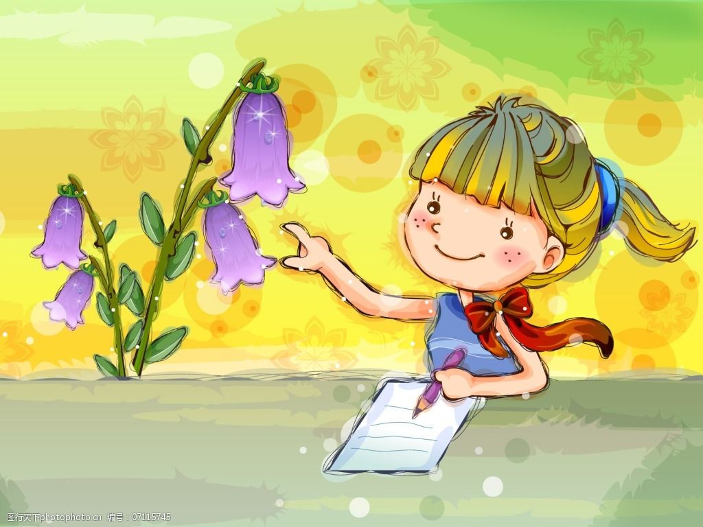 小女孩 写作业 风铃花 图片素材 卡通动漫可爱图片