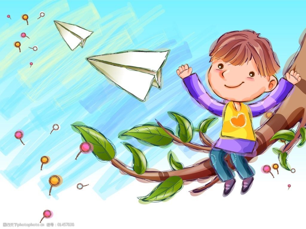 童年卡通投纸飞机的小男孩