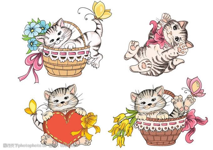 爱心 蝴蝶结 猫咪 矢量素材 手绘可爱猫咪 趴在篮子里的小猫 矢量图