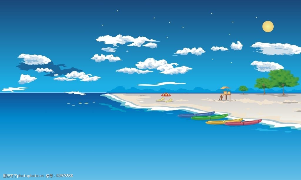 卡通蓝天白云阳光海滩背景