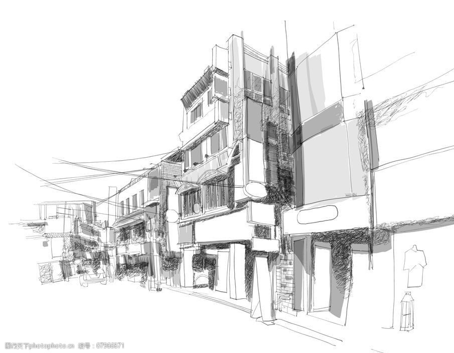 手绘素描建筑街道图片