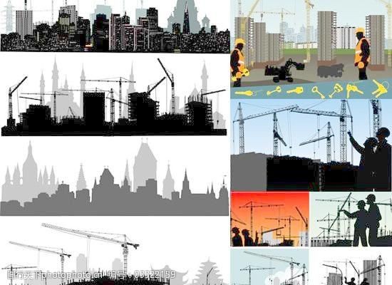 城市建筑工程施工矢量素材免费下载 城市建设 高楼大厦 建筑工人 施工