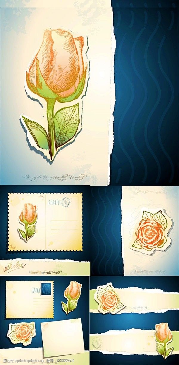卡片免费下载 复古 玫瑰 明信片 情人节 矢量图 信纸 邮戳 邮票 植物