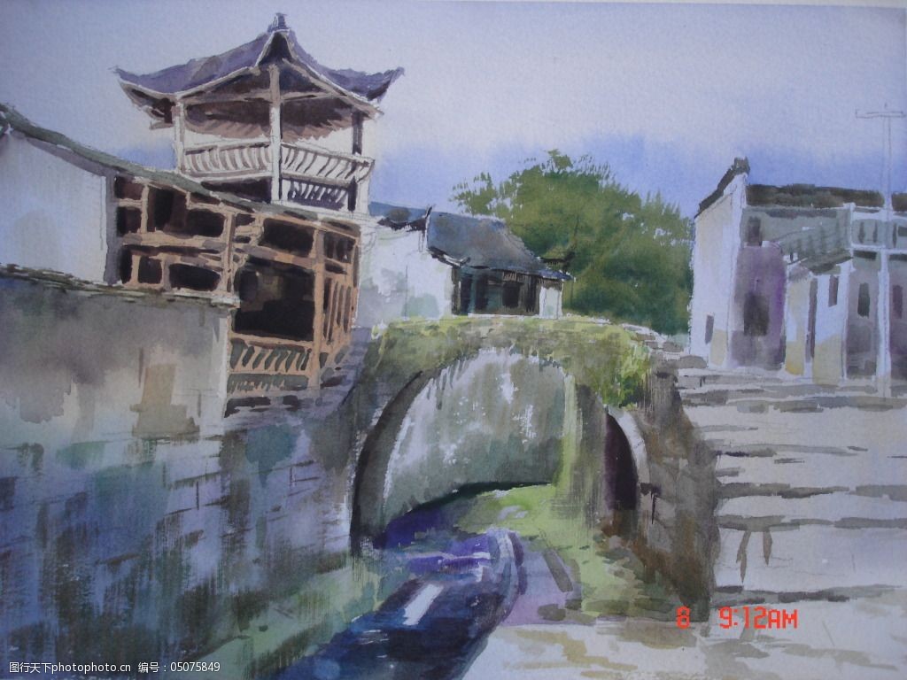 徽韵屏山拱桥风景水彩画