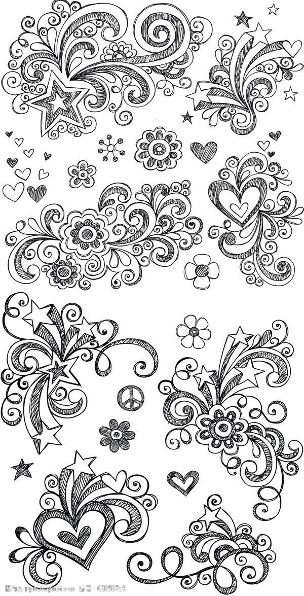 关键词:手绘花纹装饰矢量素材免费下载 爱心 花朵 花纹 铅笔画 矢量图