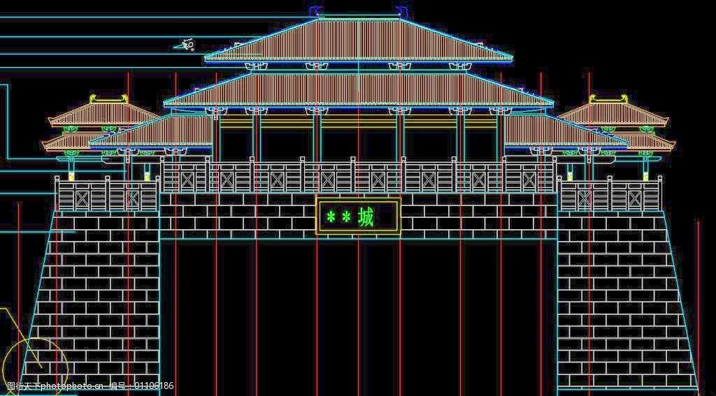 古城门建筑施工图大门正立面