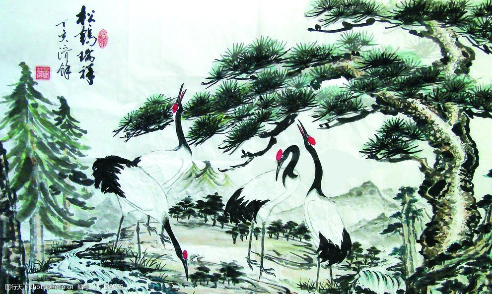 关键词:松鹤瑞祥 美术 中国画 水墨画 山野 白鹤 丹顶鹤 松树 国画