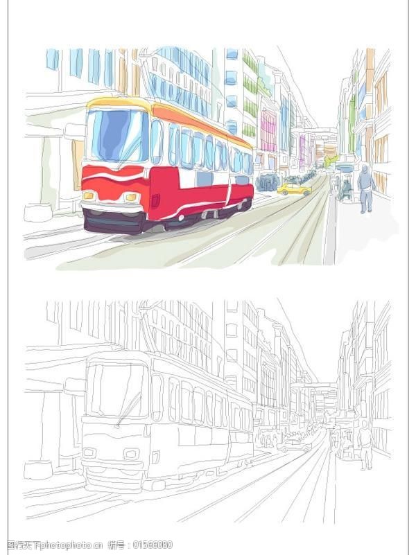 水彩城城市街道风景矢量图