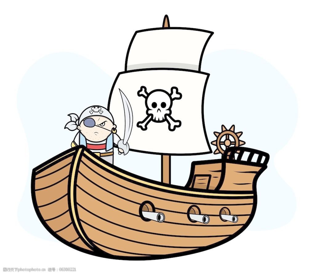 眼睛补丁的海盗船长海盗船卡通插画矢量