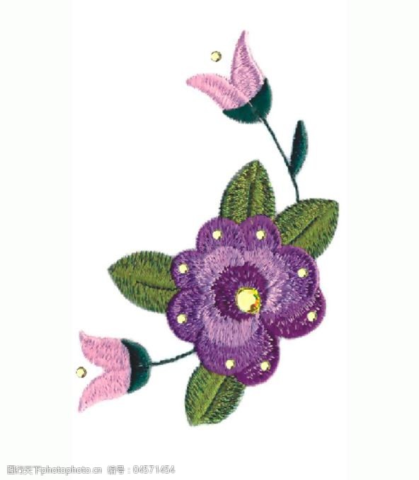 绣花花卉色彩绿色紫色免费素材