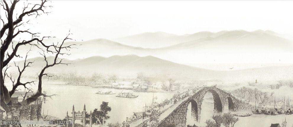 关键词:水墨画 中国风 拱桥 写意 山水 集市 清明上河图 psd分层素材
