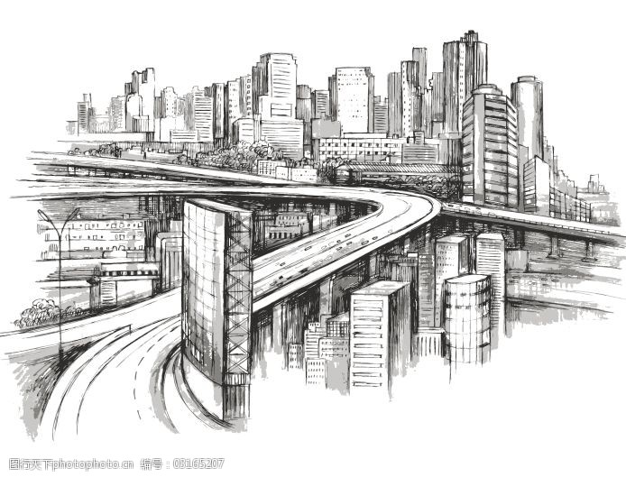 城市风光 都市 高楼大厦 立交桥 矢量图 手绘 其他矢量图