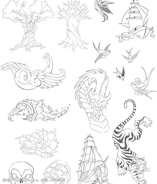 图腾矢量变化免费下载 帆船 虎图腾 莲花 鸟 树 纹身 燕子 大的船 画