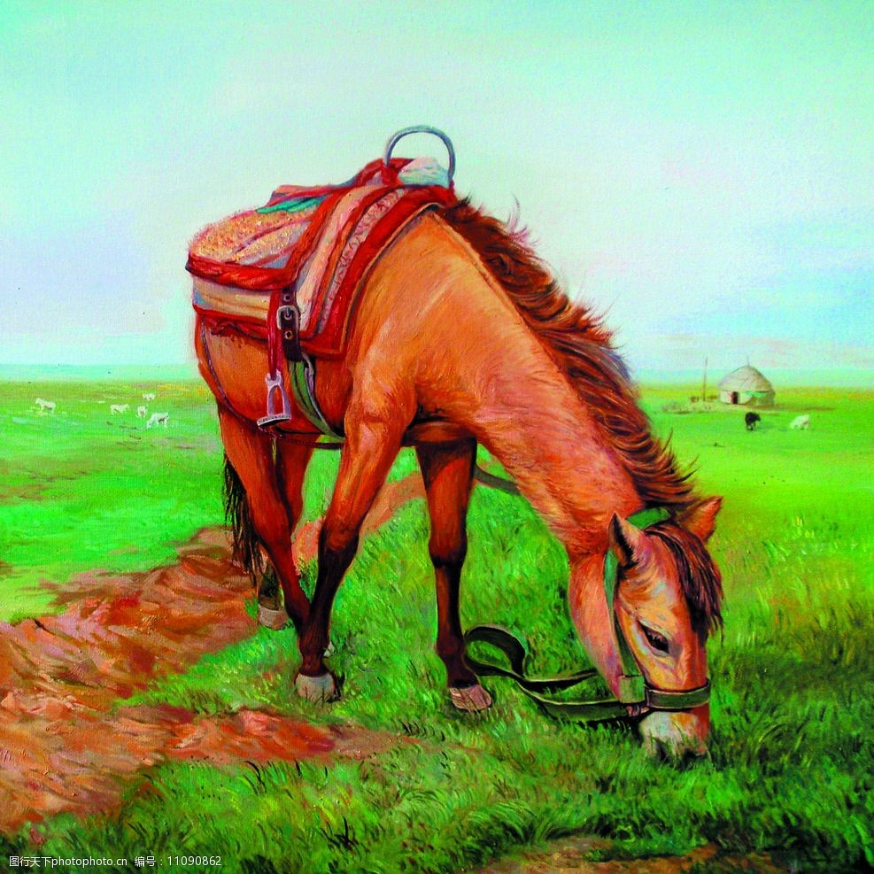 关键词:草原之马 美术 油画 动物画 马匹 大红马 草原 草地 绘画书法