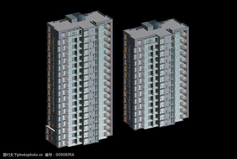 两独栋高层塔式住宅楼模型