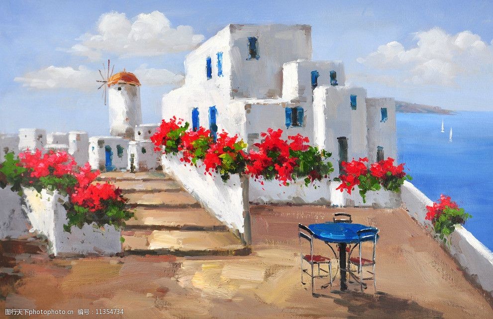 希腊风景手绘油画图片