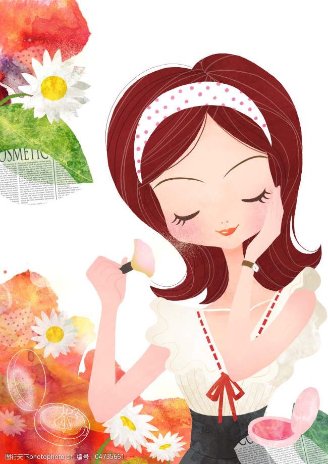 擦粉底的美女和花朵