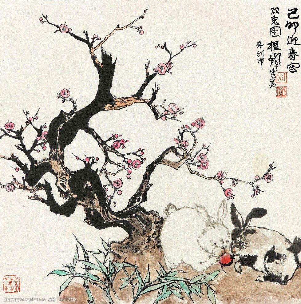 关键词:双兔图 程十发 国画 双兔 兔子 梅花 写意 水墨画 中国画 绘画