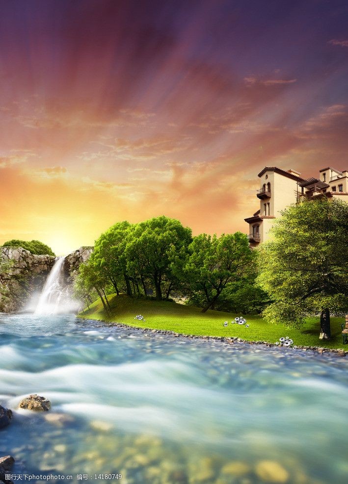 唯美水岸地产别墅形象图片图片-图行天下图库