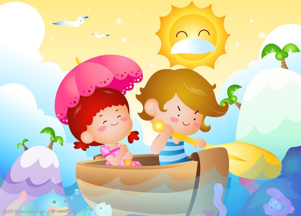 卡通小孩划船图片