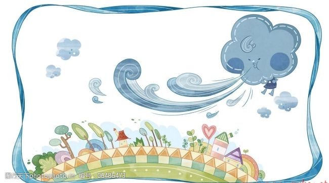 卡通村落和狂风乌云