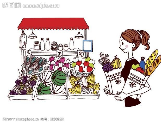 关键词:简单绘画女性 水果摊 水果 西瓜 苹果 香蕉 葡萄 面包 瓶子 灯