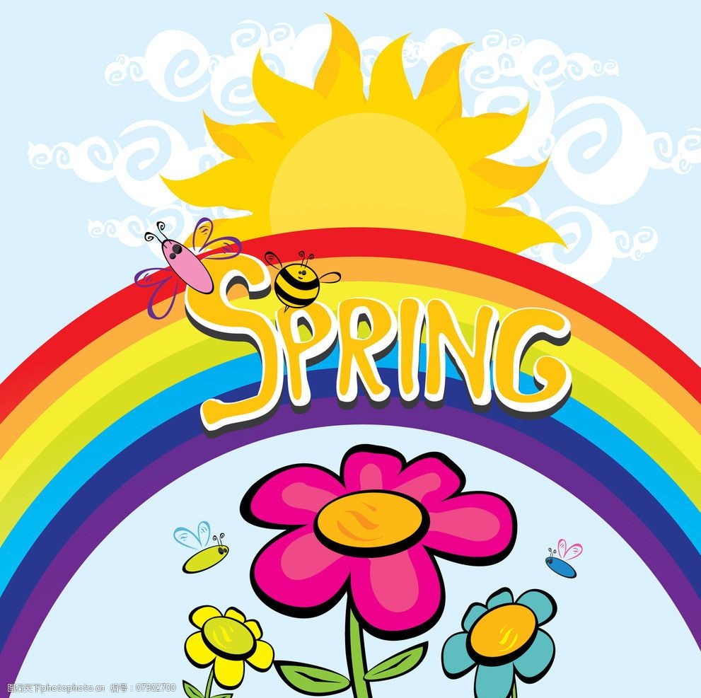 春天花卉 卡通蜜蜂 蜻蜓 彩虹 花朵 太阳 矢量 卡通 春天 spring 花卉