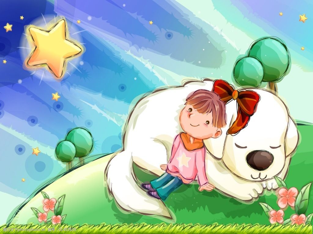 童年卡通插画看星星的小女孩