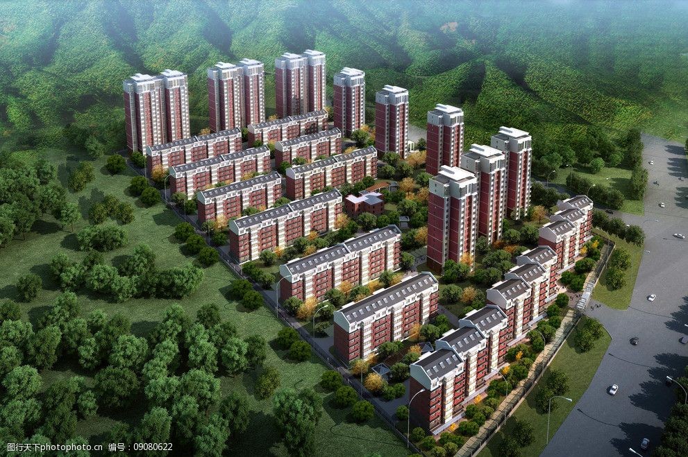 关键词:小区鸟瞰图 小区规划 鸟瞰图 外墙涂料 楼体造型 场景设计