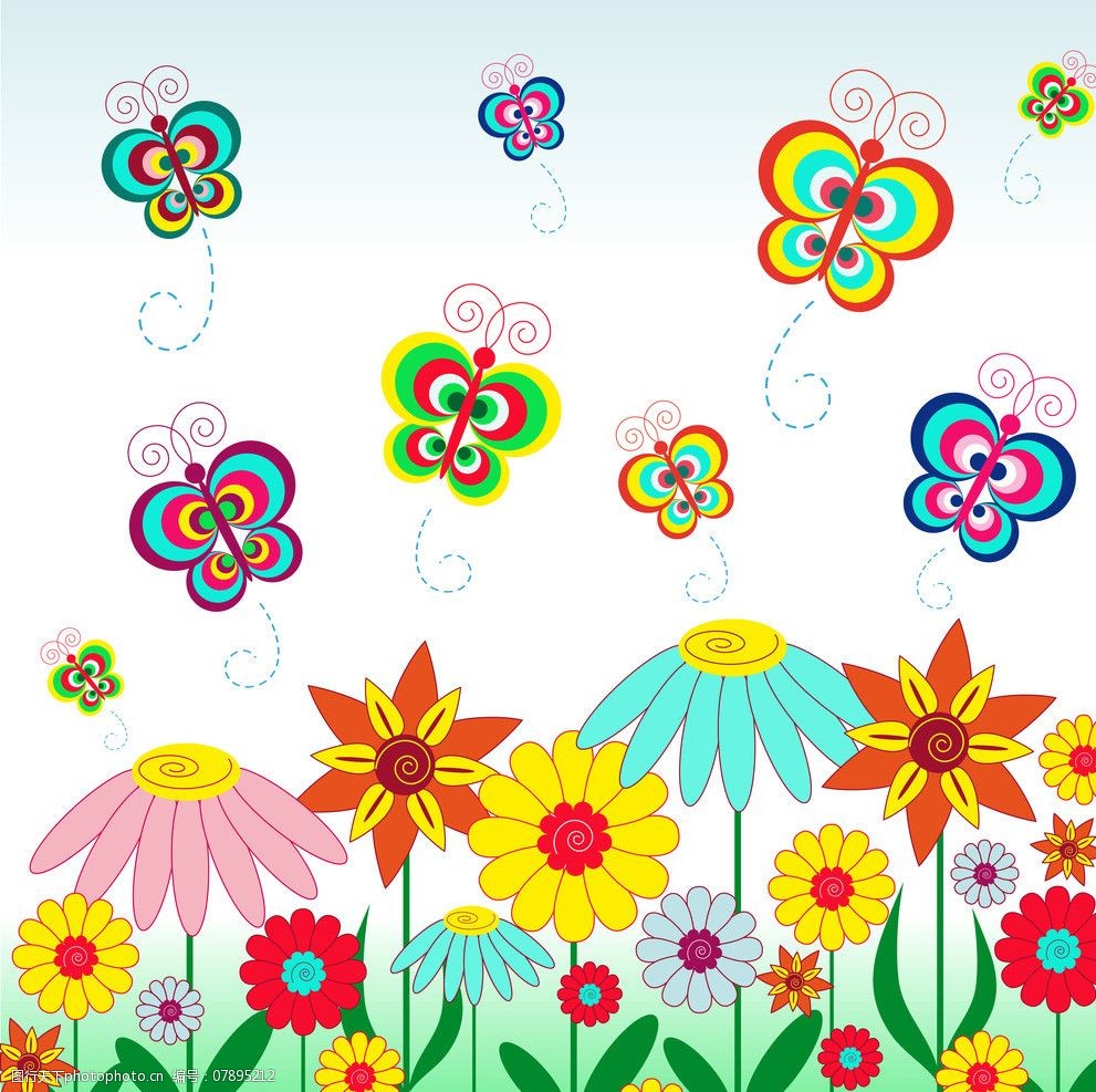 手绘花卉 花卉 花纹花卉 鲜花 蝴蝶 梦幻花卉 卡通花卉 卡通 花草背景