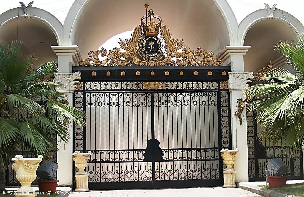 国外外国建筑大门铁门铁艺奢华名流徽标贵族皇冠欧洲艺术夜景仰拍图片