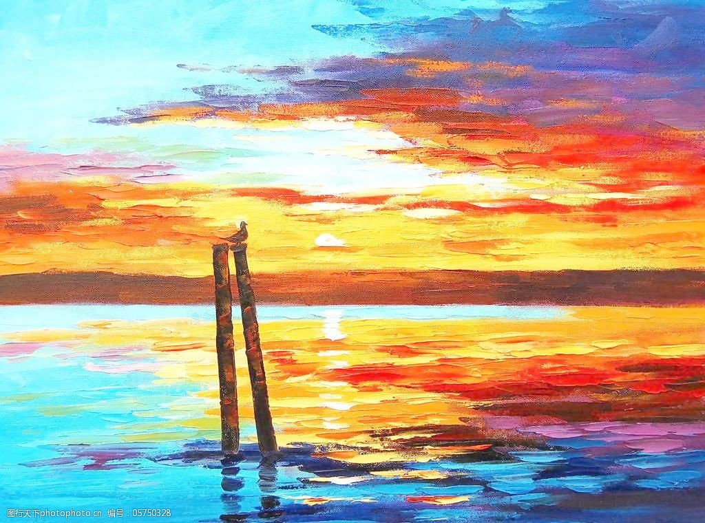 油画海洋落日图片