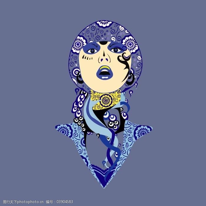 印花矢量图中国风人物女人花纹填充免费素材