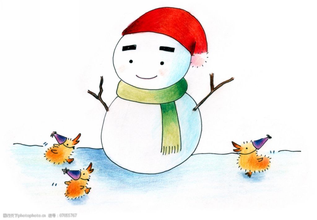 小鸭子和雪人插画
