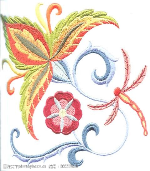 绣花花卉藤蔓蜻蜓家纺免费素材