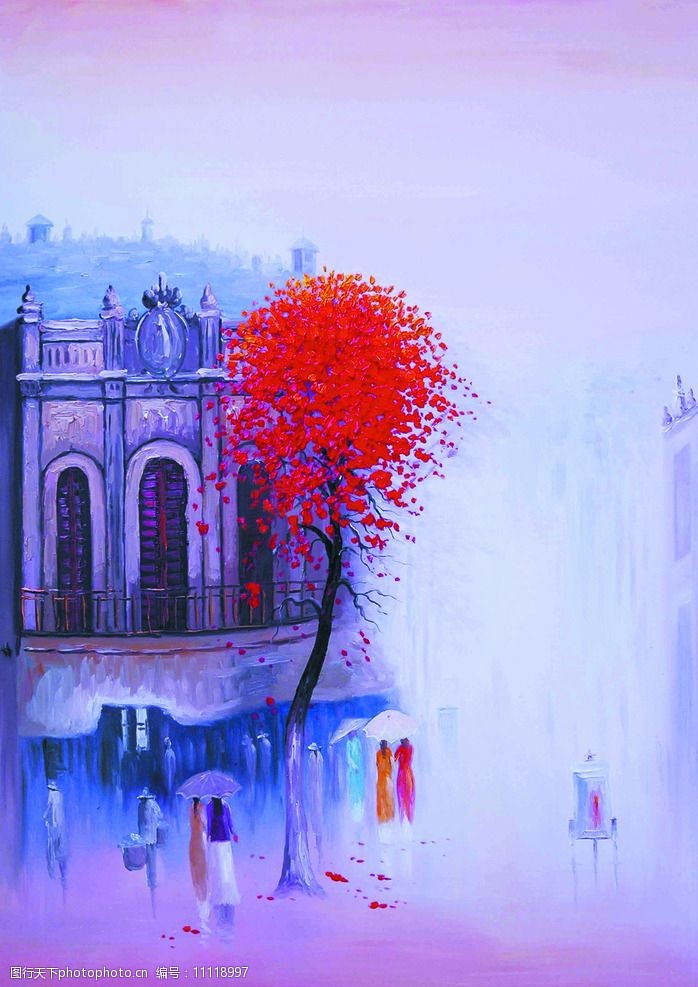 关键词:小城春雾 美术 油画 风景画 城市 楼房 街道 雨雾 花木 行人